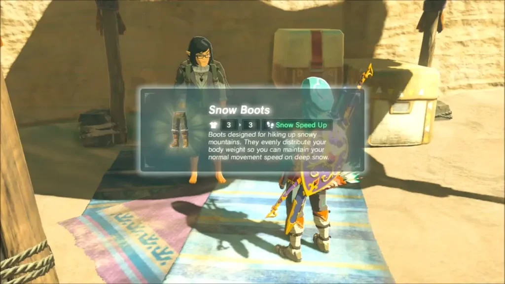 Link receiving the Snow Boots from Bozai, with the item description box Link receiving the Snow Boots from Bozai, with the item description box