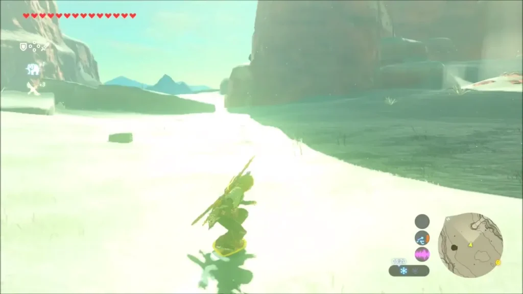 Link running across the snowfields of the Gerudo Highlands Link running across the snowfields of the Gerudo Highlands