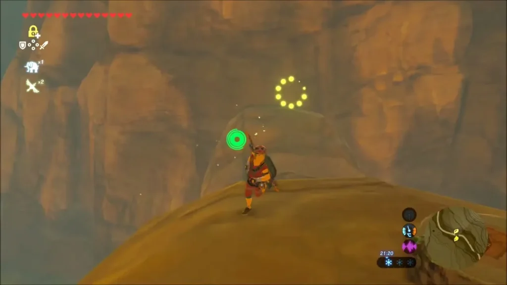 Link on a rounded ledge with a glowing seed ring above Link on a rounded ledge with a glowing seed ring above