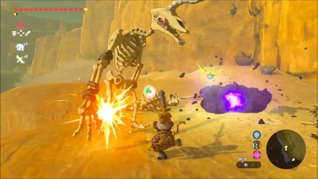Link striking a Stalfos while a skeleton portal bursts open Link striking a Stalfos while a skeleton portal bursts open