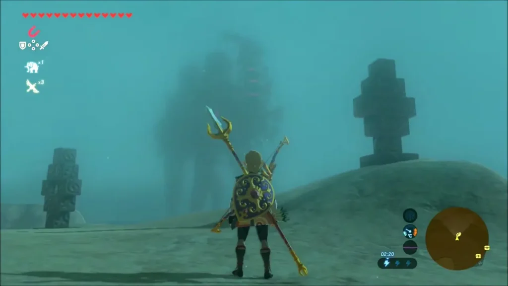 Link standing between two stone totem pillars in the desert haze Link standing between two stone totem pillars in the desert haze