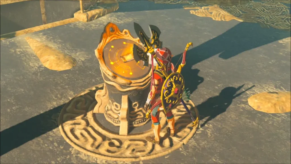 Link standing at the glowing terminal on the tower summit Link standing at the glowing terminal on the tower summit