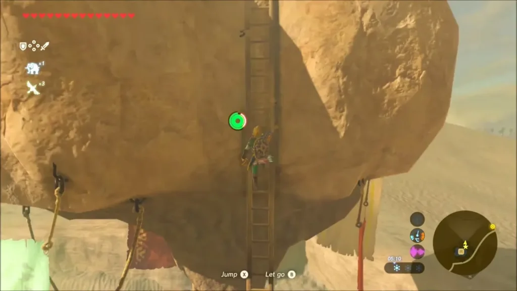 Link climbing the ladder up the rock beside the inn Link climbing the ladder up the rock beside the inn