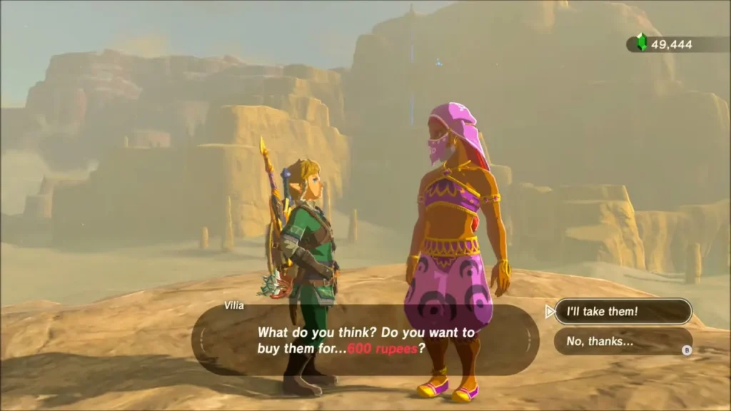 Vilia offering the Gerudo outfit for 600 rupees Vilia offering the Gerudo outfit for 600 rupees