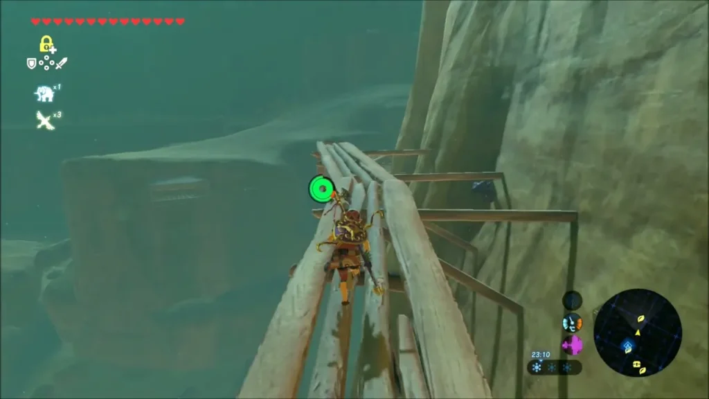Link climbing the wooden planks of the cliff walkway beside the rock wall Link climbing the wooden planks of the cliff walkway beside the rock wall