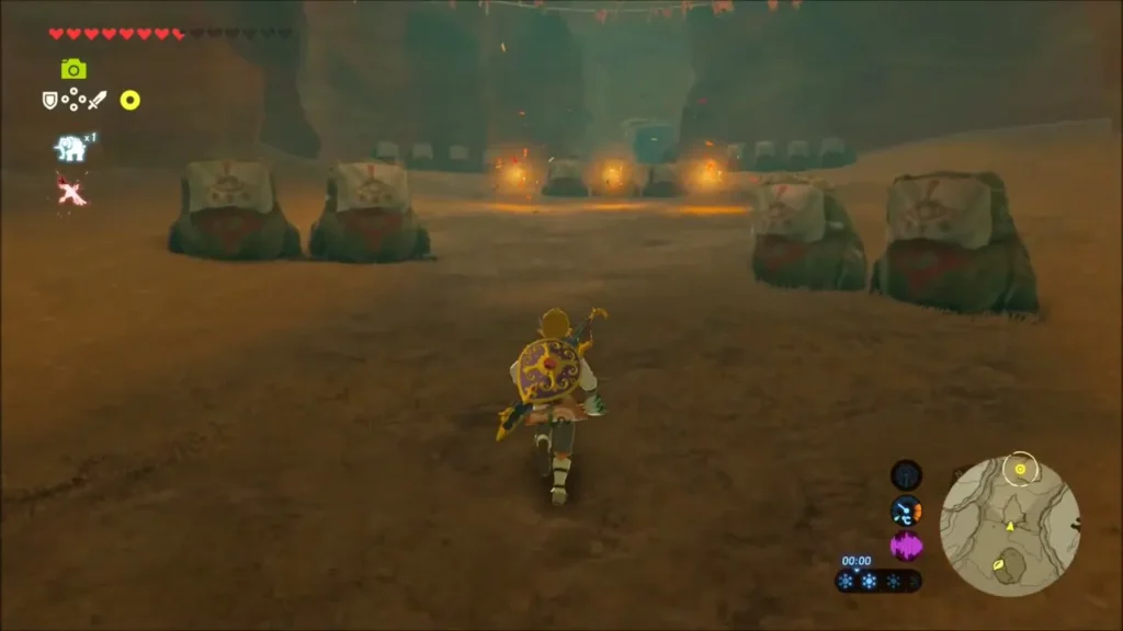 Link running toward Yiga camp with Sheikah eye banners in the canyon Link running toward Yiga camp with Sheikah eye banners in the canyon