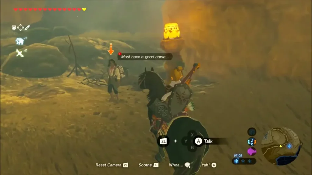 Link on horseback meeting Zyle, stranded on the road Link on horseback meeting Zyle, stranded on the road