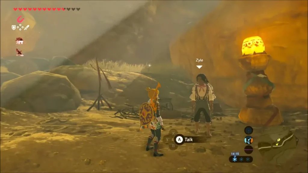 Link standing in front of Zyle at his camp Link standing in front of Zyle at his camp