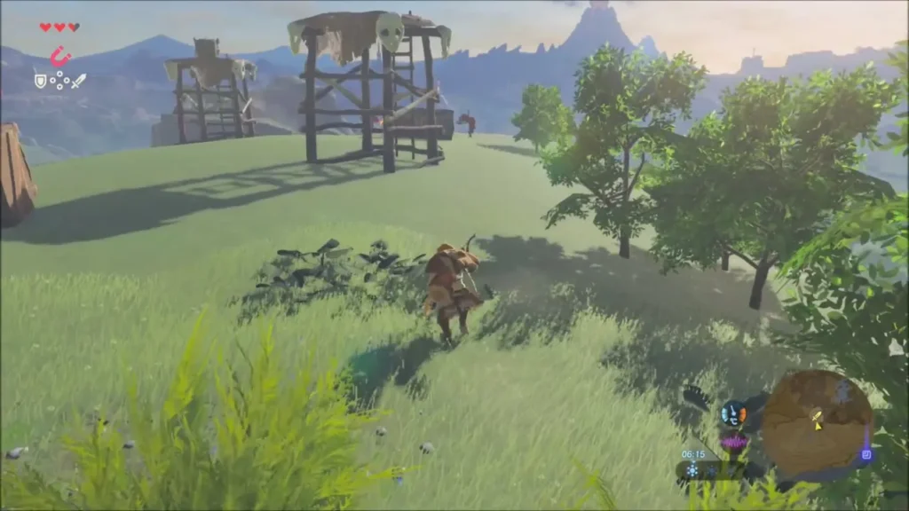 Link approaching a Bokoblin camp with a wooden lookout tower on the hill Link approaching a Bokoblin camp with a wooden lookout tower on the hill
