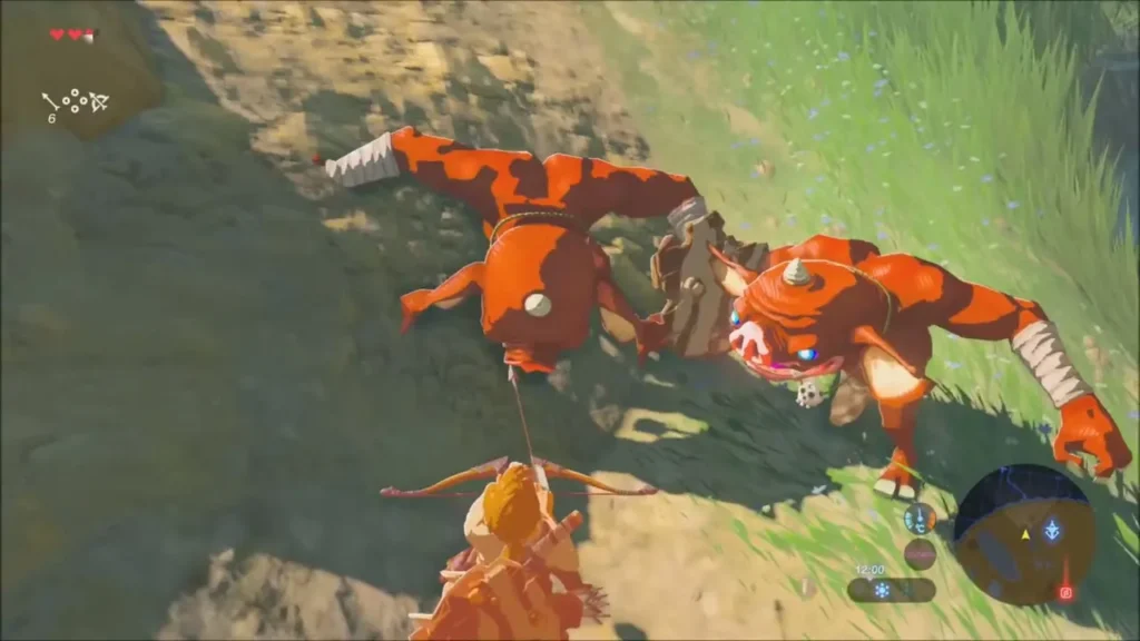 Link aiming his bow at two red Bokoblins on a grassy slope Link aiming his bow at two red Bokoblins on a grassy slope