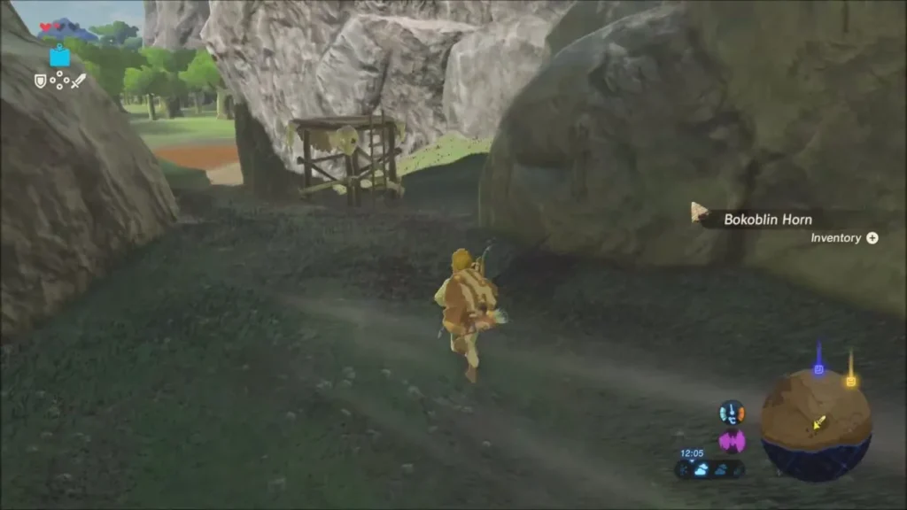 Link running up the gap past a dropped Bokoblin Horn Link running up the gap past a dropped Bokoblin Horn