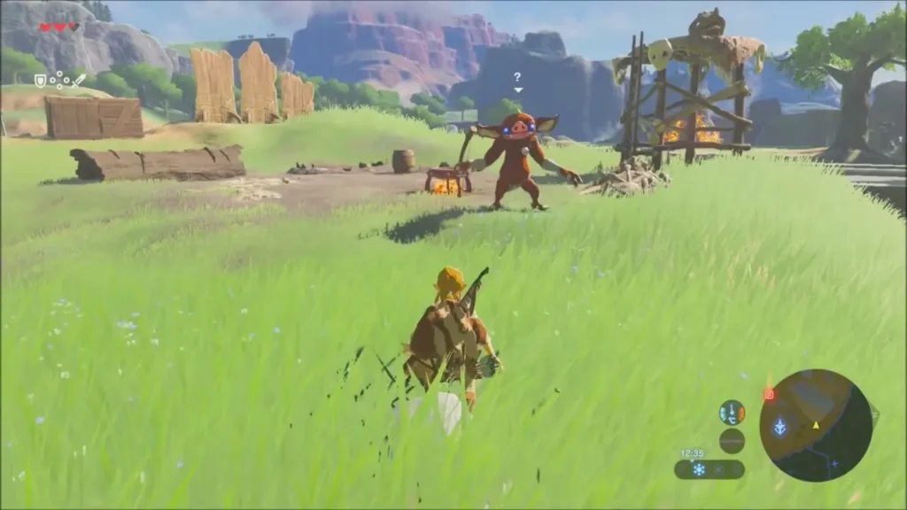 Link approaching the Bokoblin camp with a Bokoblin and wooden watchtower ahead Link approaching the Bokoblin camp with a Bokoblin and wooden watchtower ahead