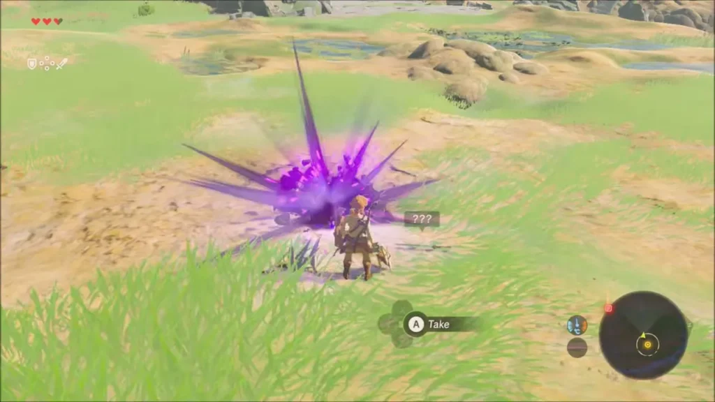 Link beside a pile of defeated Bokoblin loot on the grass Link beside a pile of defeated Bokoblin loot on the grass