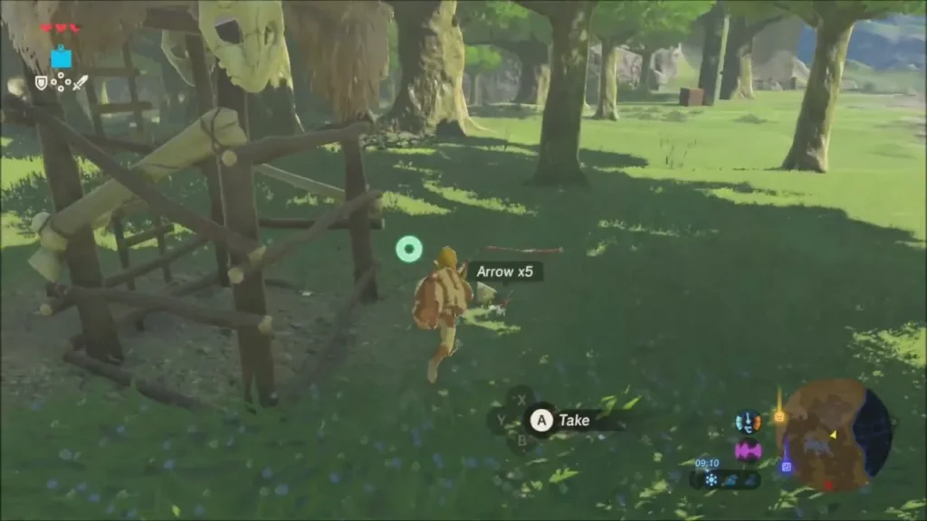 Link about to pick up five arrows on the ground by the camp watchtower Link about to pick up five arrows on the ground by the camp watchtower