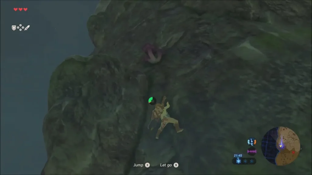 Link climbing the cliff with the stamina wheel showing Link climbing the cliff with the stamina wheel showing