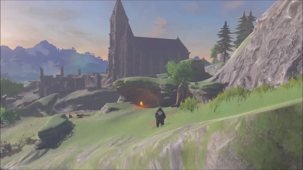 Grassy slope below the shrine with a Bokoblin camp near the distant church ruins Grassy slope below the shrine with a Bokoblin camp near the distant church ruins