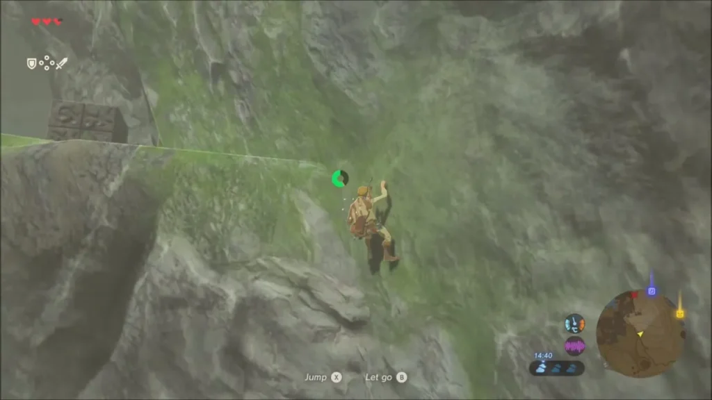 Link climbing the steep mossy cliff toward the grassy ledge Link climbing the steep mossy cliff toward the grassy ledge