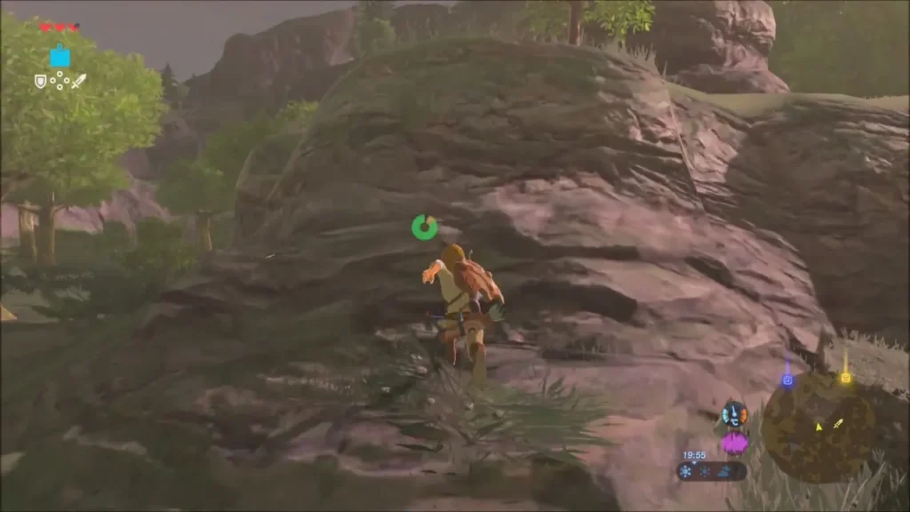 Link climbing the rocky side of a hill in the woods Link climbing the rocky side of a hill in the woods
