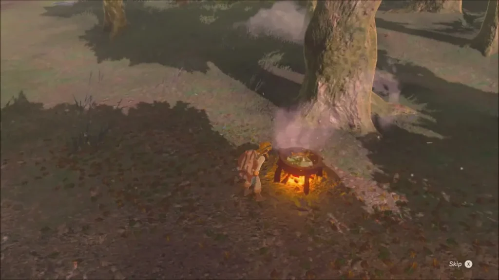 Link crouched at a steaming cooking pot over a fire Link crouched at a steaming cooking pot over a fire
