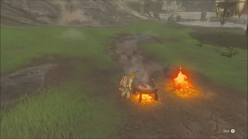 Link cooking in the pot beside a second campfire Link cooking in the pot beside a second campfire