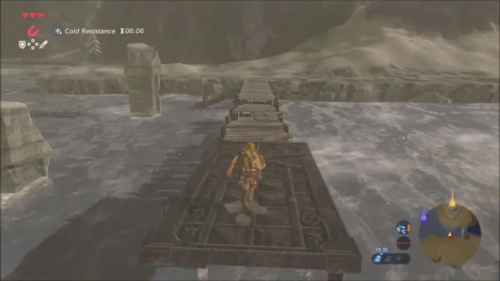 Link running across the metal slab toward the wooden bridge over icy water Link running across the metal slab toward the wooden bridge over icy water