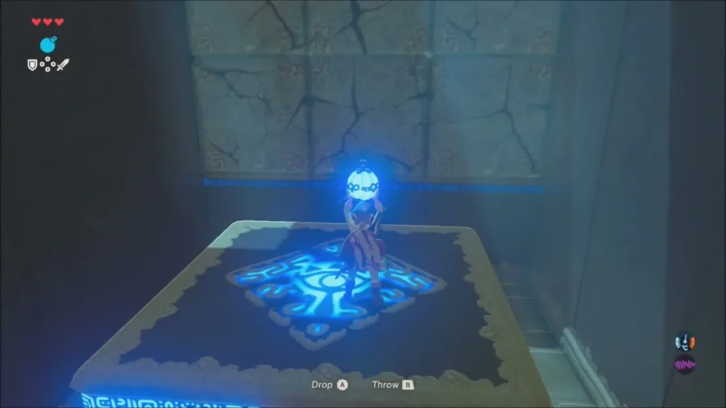 Link carrying a glowing bomb on a moving platform in the shrine Link carrying a glowing bomb on a moving platform in the shrine