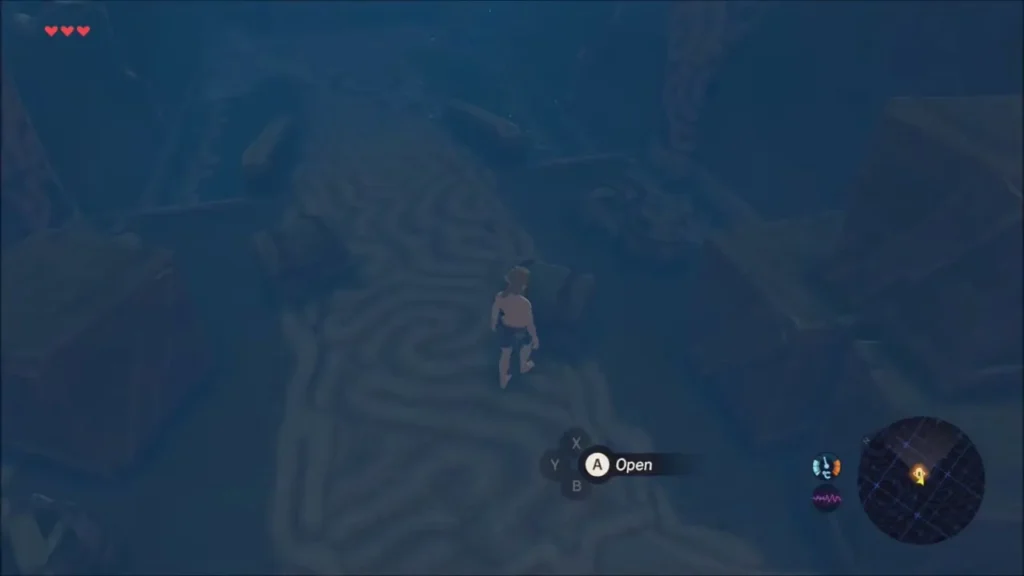Link beside a chest in the dark chamber with the Open prompt showing Link beside a chest in the dark chamber with the Open prompt showing