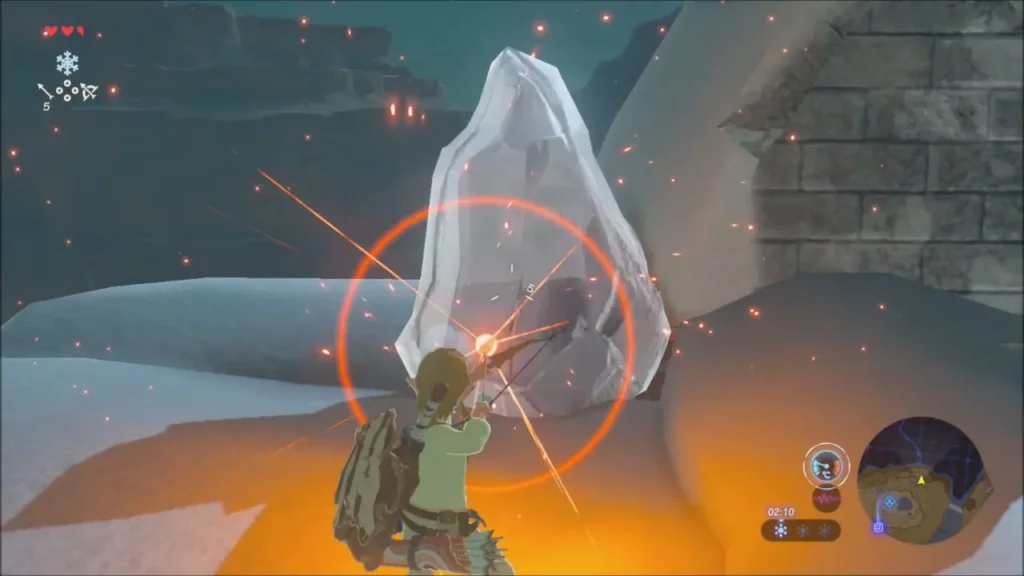 Link drawing a bow with a fire arrow aimed at the ice block beside the hut Link drawing a bow with a fire arrow aimed at the ice block beside the hut