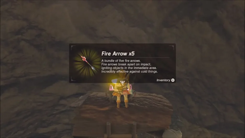 Link holding up a chest find with the Fire Arrow x5 item box Link holding up a chest find with the Fire Arrow x5 item box