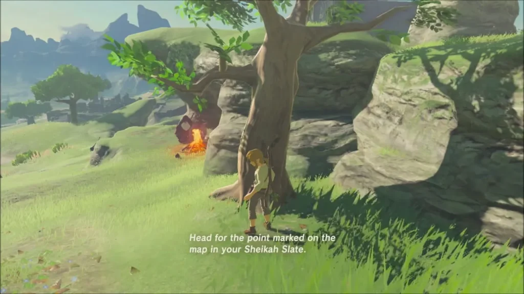 Link under a tree near a Bokoblin camp as the prompt says to head for the marked point Link under a tree near a Bokoblin camp as the prompt says to head for the marked point