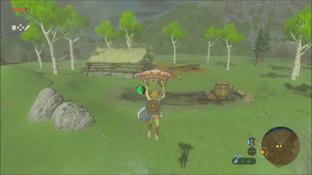 Link gliding toward a wooden hut with a barrel beside it Link gliding toward a wooden hut with a barrel beside it
