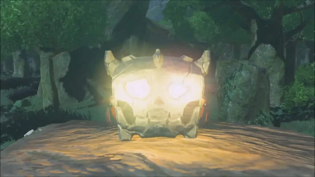 A glowing treasure chest among the camp ruins A glowing treasure chest among the camp ruins