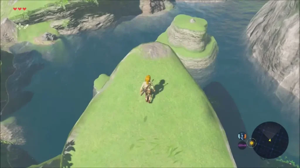 Link climbing the pointed grassy rock above the pond Link climbing the pointed grassy rock above the pond