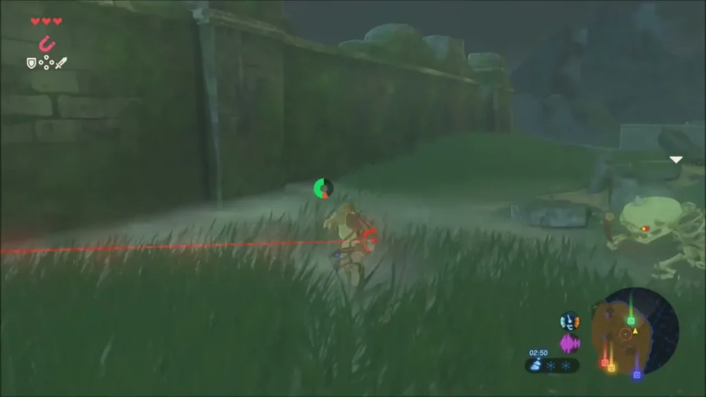 Link creeping along the old wall as a red Guardian laser sweeps the grass Link creeping along the old wall as a red Guardian laser sweeps the grass