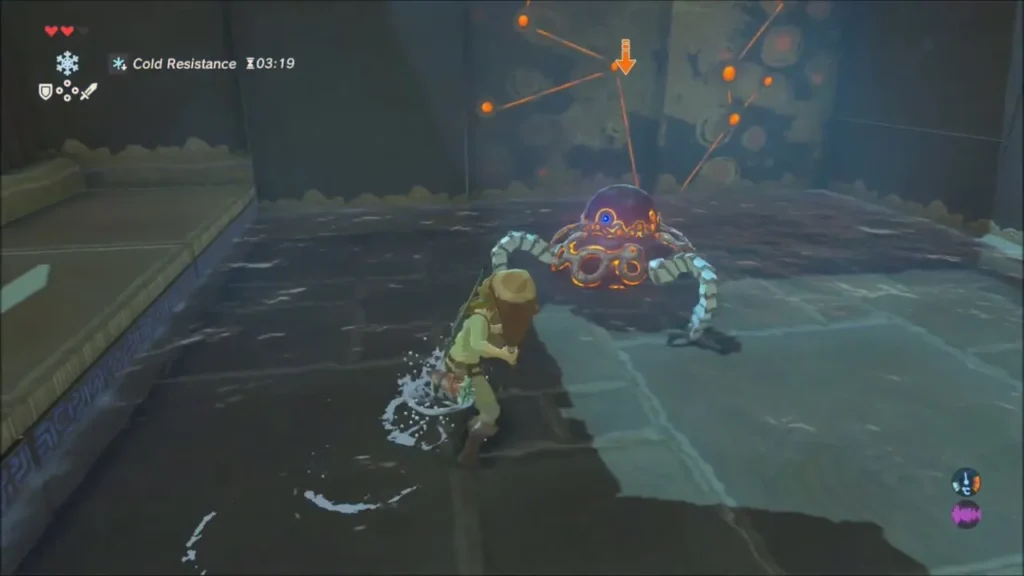 Link fighting the Guardian Scout in the shrine chamber Link fighting the Guardian Scout in the shrine chamber