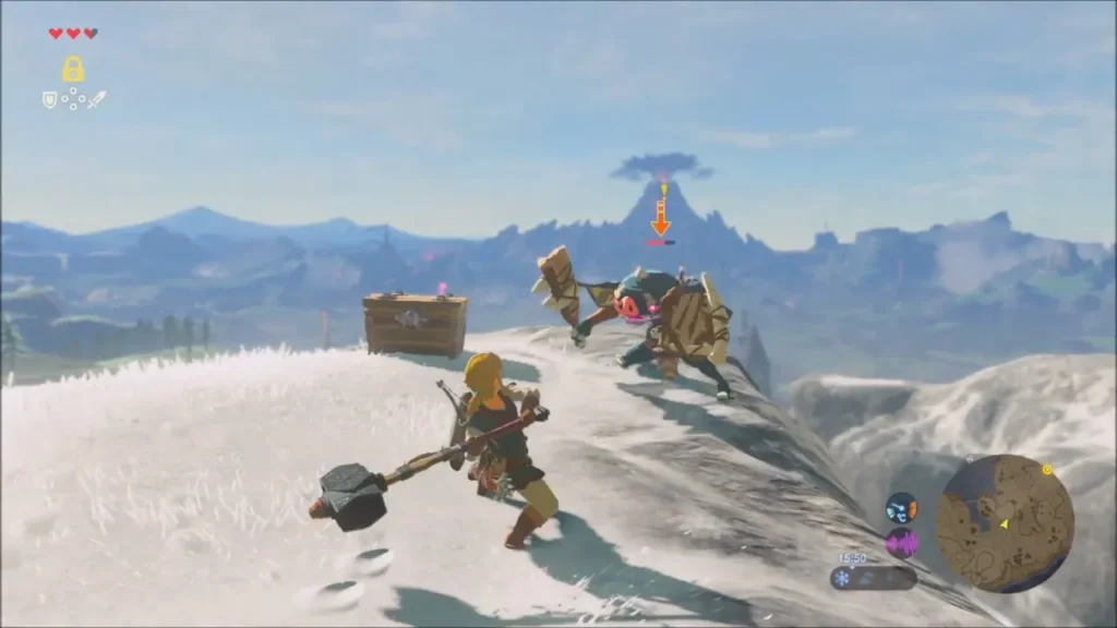 Link facing a hammer-wielding Bokoblin beside a chest on a snowy ridge Link facing a hammer-wielding Bokoblin beside a chest on a snowy ridge