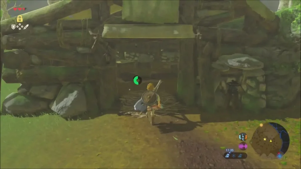 Link walking into the wooden hut Link walking into the wooden hut