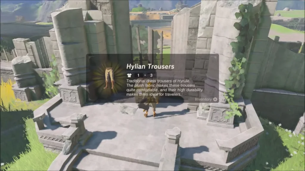 Link with the Hylian Trousers item box on the platform Link with the Hylian Trousers item box on the platform