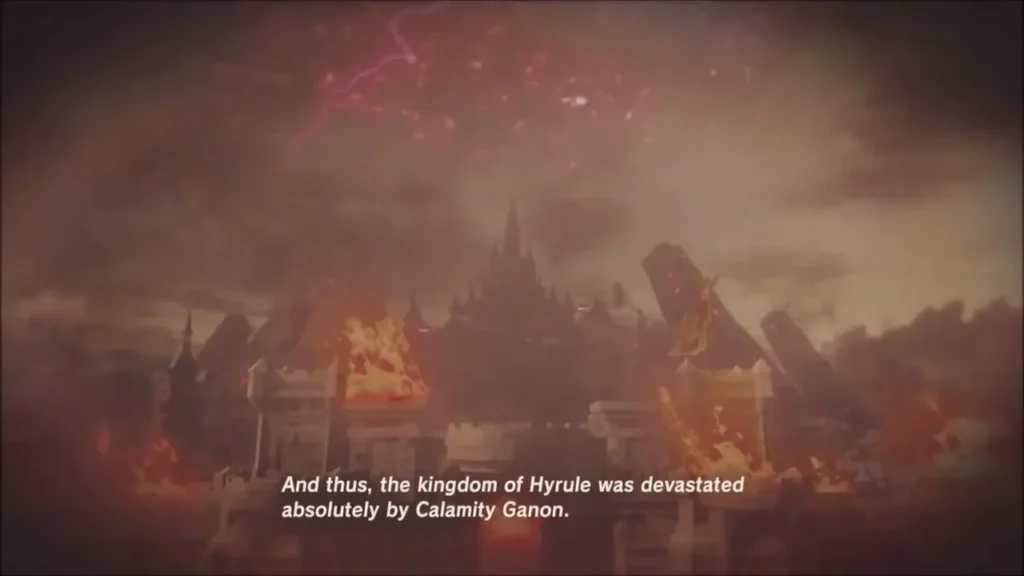 Hyrule Castle town burning under Calamity Ganon in King Rhoam's story Hyrule Castle town burning under Calamity Ganon in King Rhoam's story