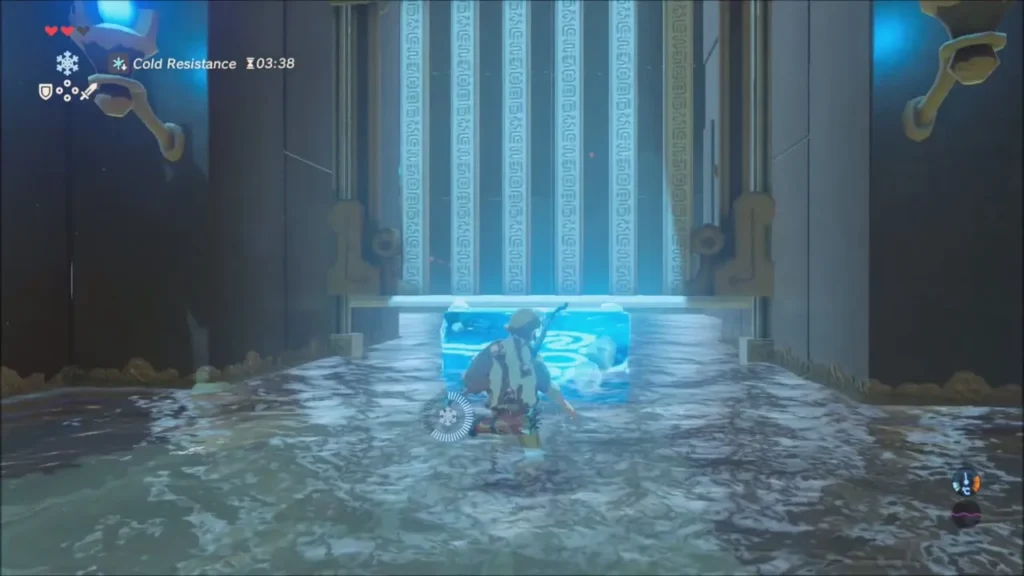 Link raising an ice block in the water beneath the barred gate Link raising an ice block in the water beneath the barred gate