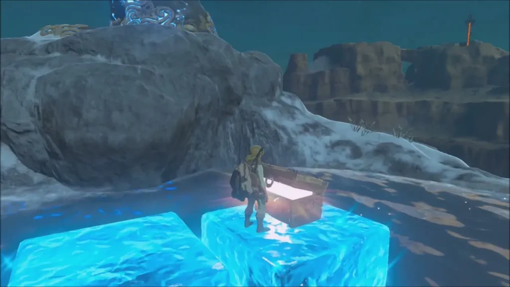Link on an ice block beside the opened chest on the frozen pond Link on an ice block beside the opened chest on the frozen pond