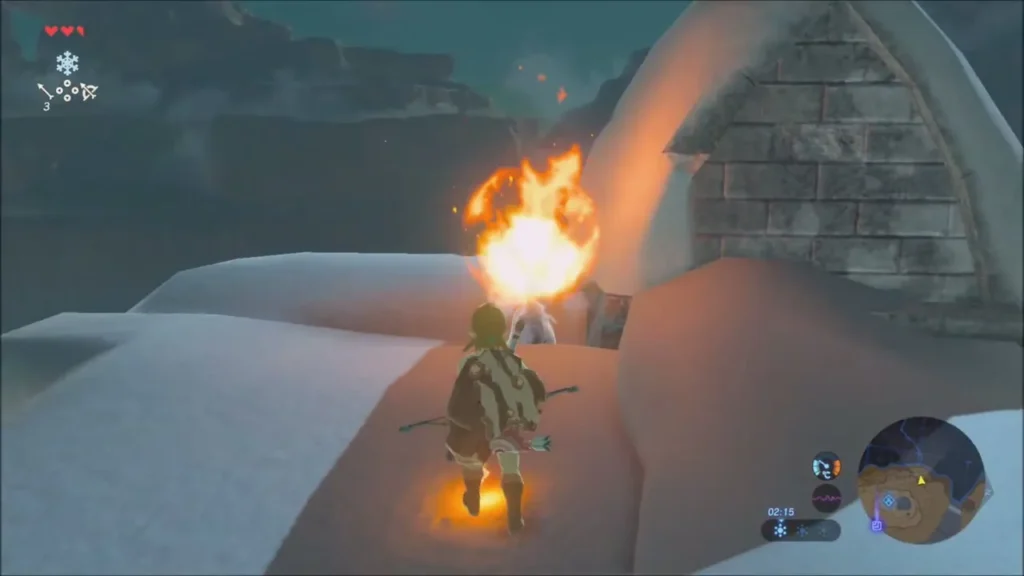 The fire arrow bursting into flame as the ice by the hut melts The fire arrow bursting into flame as the ice by the hut melts