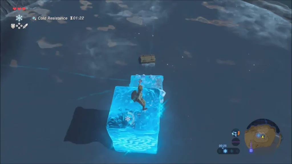 Link standing on stacked ice blocks, the chest on the pond ahead Link standing on stacked ice blocks, the chest on the pond ahead