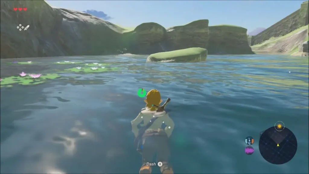 Link swimming toward the small grassy islet in the pond Link swimming toward the small grassy islet in the pond