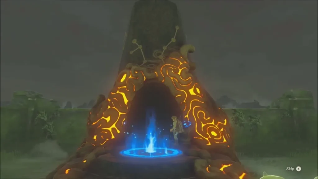 Glowing orange Ja Baij Shrine entrance with Link on the blue warp pad Glowing orange Ja Baij Shrine entrance with Link on the blue warp pad