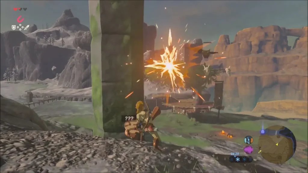 Link crouched behind a stone pillar shooting at Keese flying over the grass Link crouched behind a stone pillar shooting at Keese flying over the grass