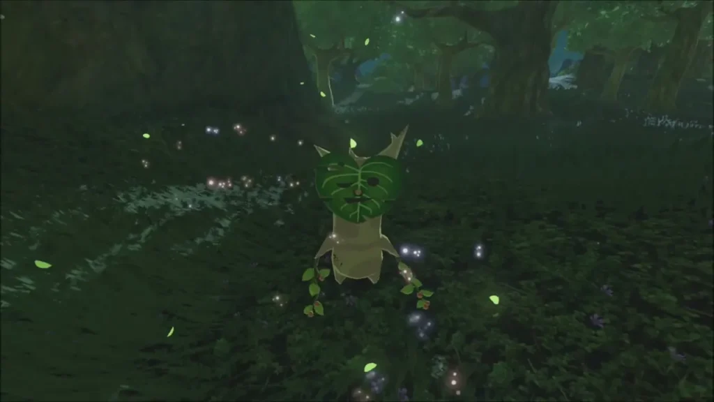 A Korok surrounded by fireflies in the dark undergrowth A Korok surrounded by fireflies in the dark undergrowth