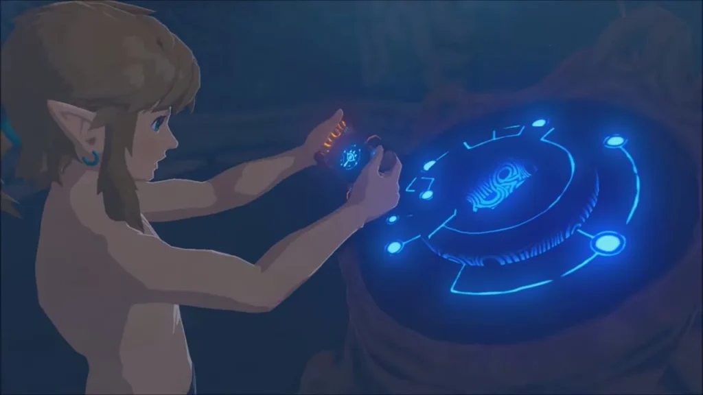 Link taking the Sheikah Slate from its pedestal Link taking the Sheikah Slate from its pedestal