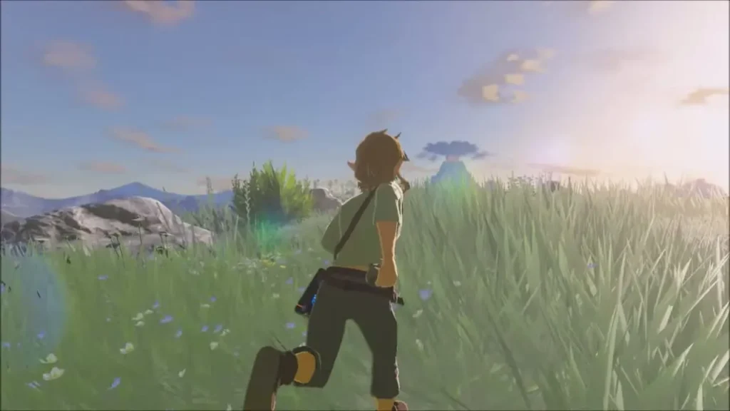 Link running through tall grass outside the shrine at sunrise Link running through tall grass outside the shrine at sunrise