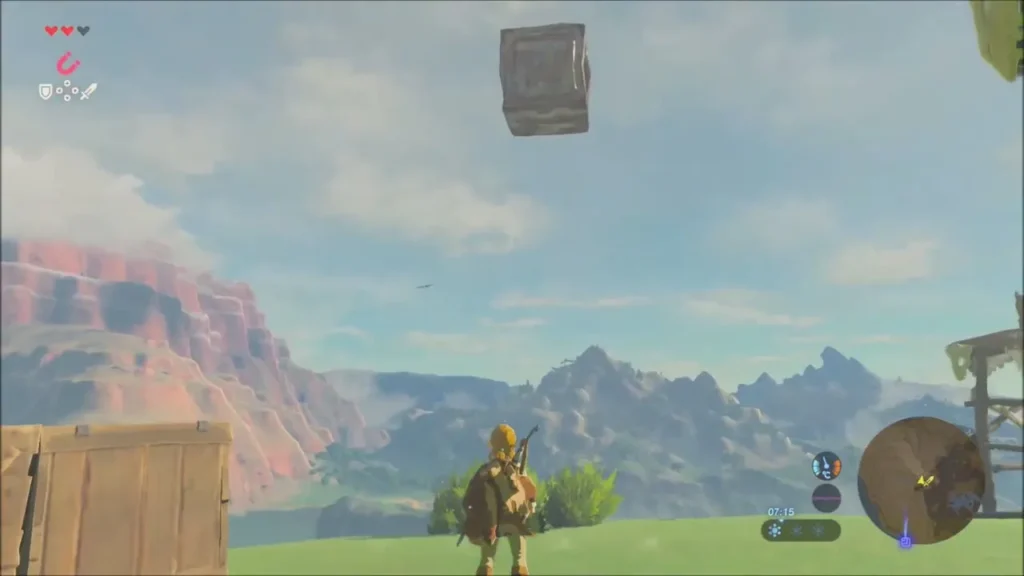 A metal chest lifted high into the air with Magnesis near the camp A metal chest lifted high into the air with Magnesis near the camp